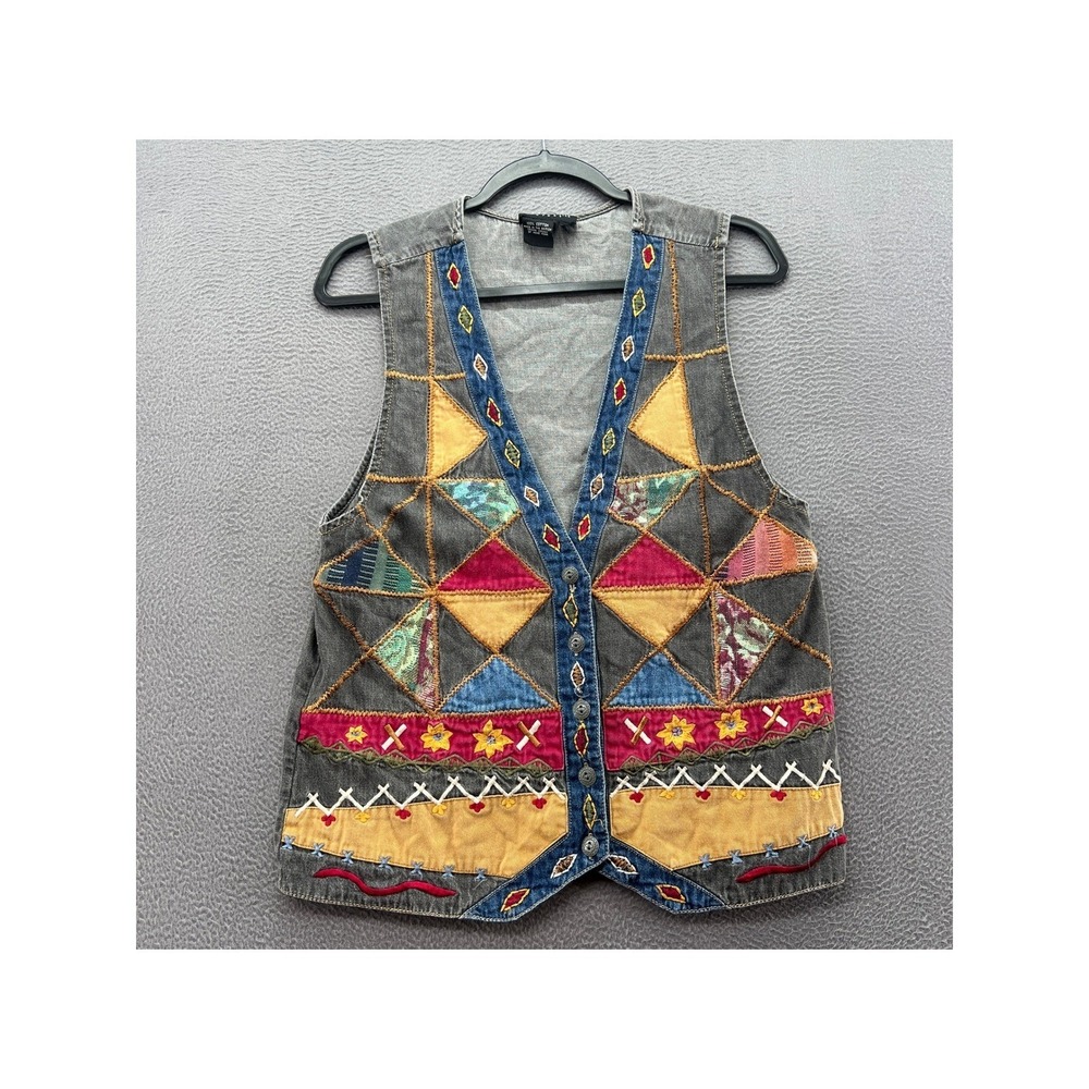 Vintage Carole Little Sport Patchwork Denim Vest Womens Small Boho Embroidered